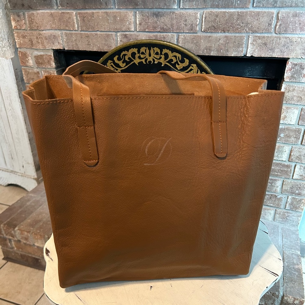 MARK & GRAHAM Leather Tote Shoulder Bag Large 19x12.5” Purse Brown Tan Italian